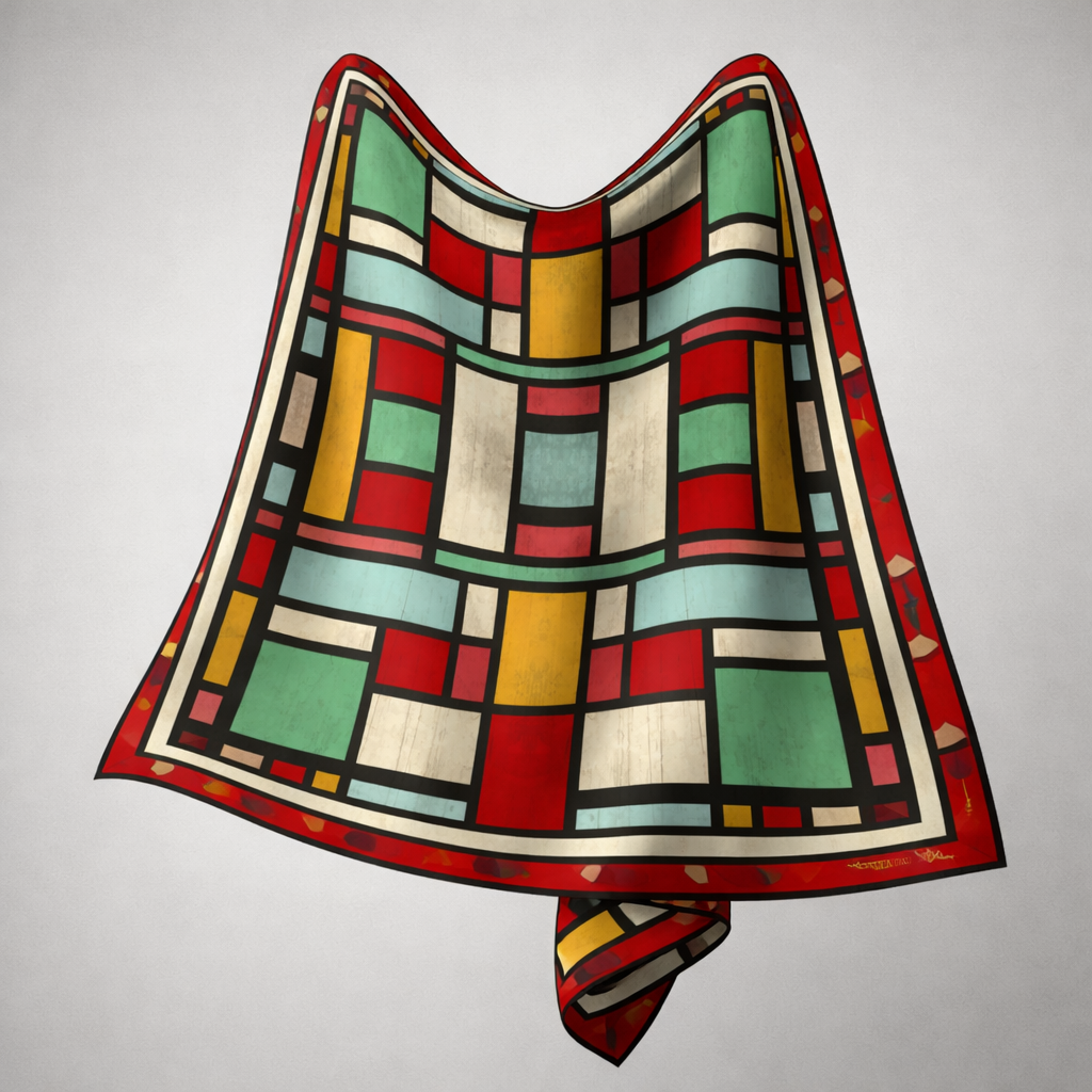 Colorful geometric patterned scarf on a light gray background